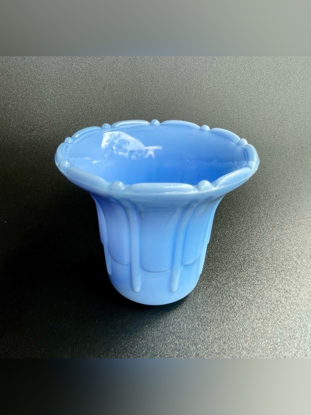 Vtg Fluted AKRO AGATE Slag Glass Planter Flowerpot Art Deco 3” Blue USA #2